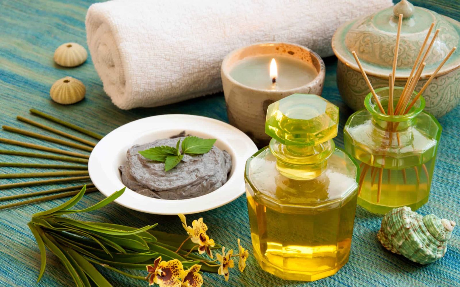 Lavender and herbal preparations on a wooden tray