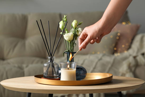 Minimal Zen-inspired evening corner with candle and plants